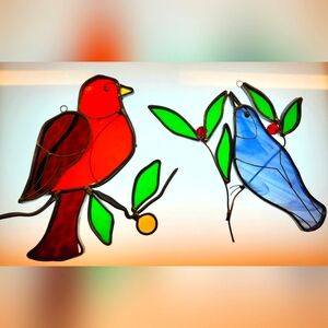Lot of 2 Vintage BIRD Retro Stainglass Sunkatchers CARDINAL & BLUEBIRD